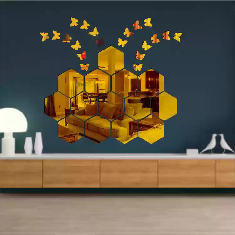 Acrylic Mirror Wall Stickers Hexagon with 20 Butterflies 3D Acrylic Elite Mall pk