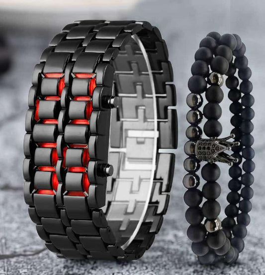 Gosasa Men's Lava Style Stainless Steel Watch - Red & Blue LED Digital Display, Black Bracelet Elite Mall pk