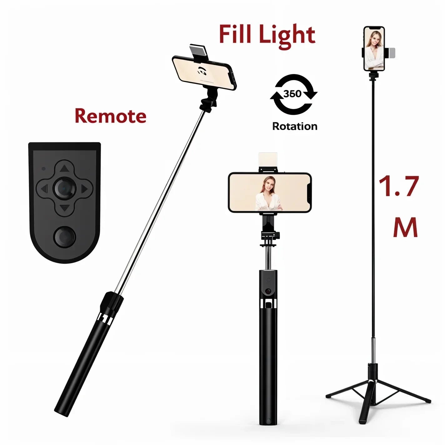 4-in-1 Bluetooth Selfie Stick Tripod | Extendable Stand with Wireless Remote, LED Light & Camera Holder Elite Mall pk