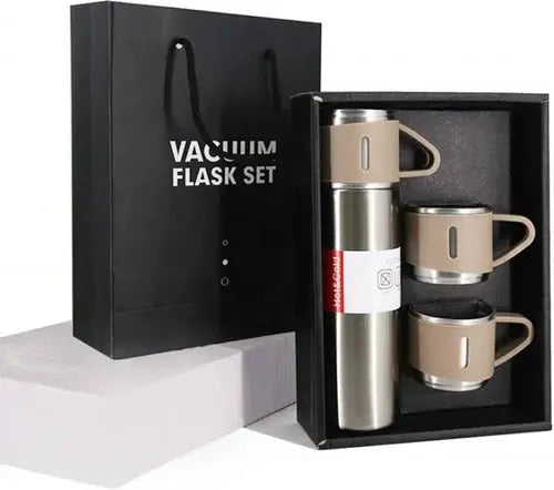 Premium Vacuum Flask Set – 500ml Stainless Steel Insulated Bottle with 3 Cups Elite Mall pk